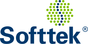 Logotipo de Softtek con el nombre de la empresa en azul y un diseño hexagonal verde y azul encima.