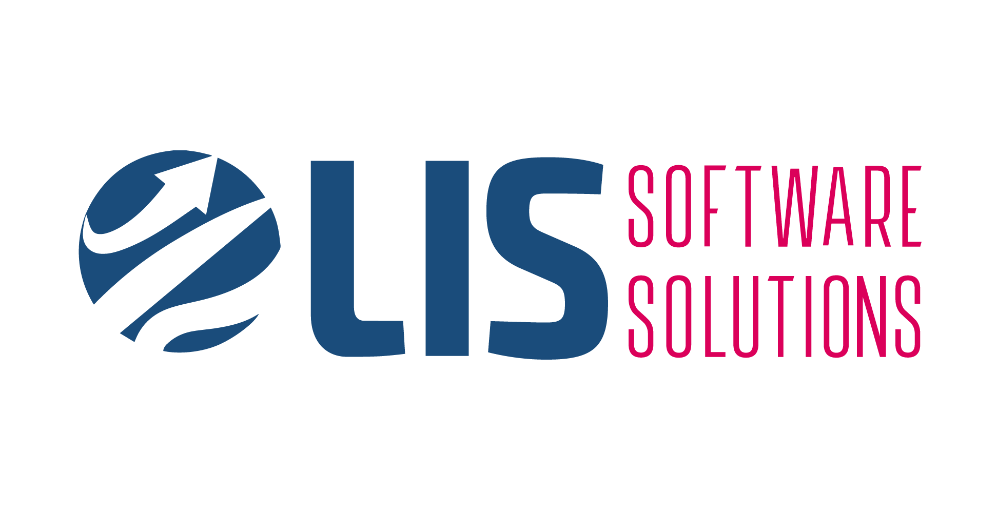 Logotipo con una combinación de colores azul marino y rosa. A la izquierda del texto "LIS SOFTWARE SOLUTIONS" aparece un globo terráqueo con flechas que forman una "S" abstracta. El texto está en azul y rosa, respectivamente.