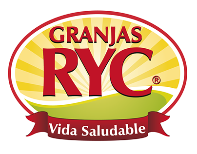 La imagen muestra el logo de Granjas RYC con un fondo amarillo y verde, con el texto "Granjas RYC" y una cinta debajo con "Vida Saludable" escrito en ella.