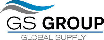 Logotipo de GS Group Global Supply con elementos de ondas estilizadas en azul y gris sobre el nombre de la empresa.