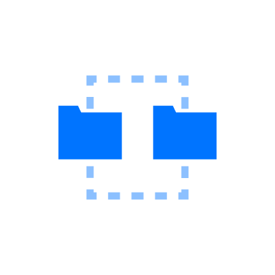 Una forma rectangular azul está dividida en dos partes iguales, con líneas cortas segmentadas de color azul y blanco que forman un contorno cuadrado a su alrededor, todo ello sobre un fondo blanco.