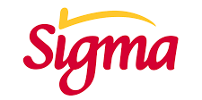 Logotipo de Sigma con 'Sigma' en fuente de escritura roja y una marca de verificación amarilla encima de la 'S'.