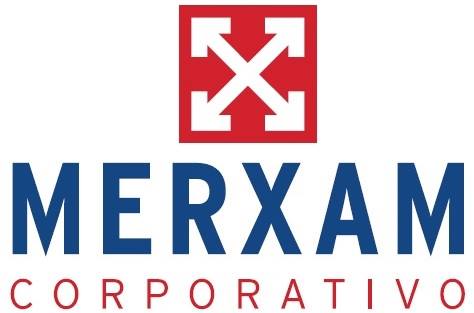 Logotipo de Merxam Corporativo que presenta un cuadrado rojo con flechas blancas apuntando hacia afuera, encima del nombre de la empresa en letras azules en negrita, con la palabra "Corporativo" en letras rojas más pequeñas debajo.