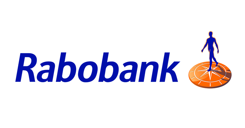 Logotipo de Rabobank con texto azul y un diseño circular naranja con una persona parada sobre él.