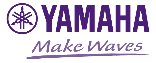 La imagen muestra un logotipo de Yamaha morado con el lema "Make Waves" debajo. El logotipo consta de tres diapasones dispuestos en un círculo.