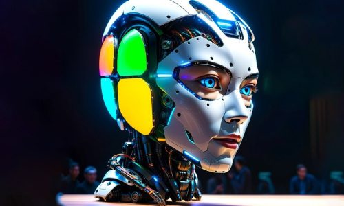 Una cabeza de robot humanoide futurista con secciones coloridas iluminadas en el costado, detalles mecánicos intrincados y una cara humana realista, sobre un fondo oscuro y borroso.