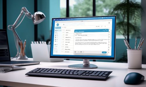 Un monitor de computadora sobre un escritorio blanco muestra un cliente de correo electrónico con un nuevo mensaje en proceso de redacción. El espacio de trabajo incluye un teclado, un mouse, una lámpara de escritorio y una planta en maceta.