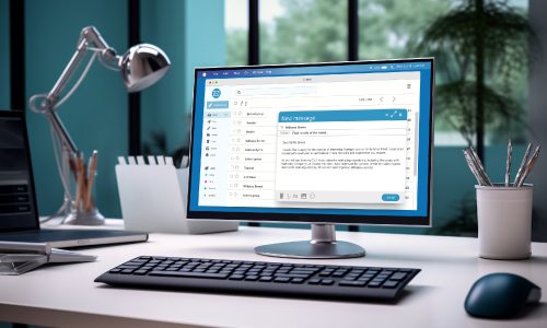 img-email Un monitor de computadora sobre un escritorio blanco muestra un cliente de correo electrónico con un nuevo mensaje en proceso de redacción. El espacio de trabajo incluye un teclado, un mouse, una lámpara de escritorio y una planta en maceta.