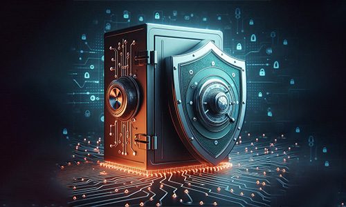 img-prevencion de datos Una bóveda segura con un escudo está rodeada de circuitos digitales e iconos de candados, que simbolizan la ciberseguridad.