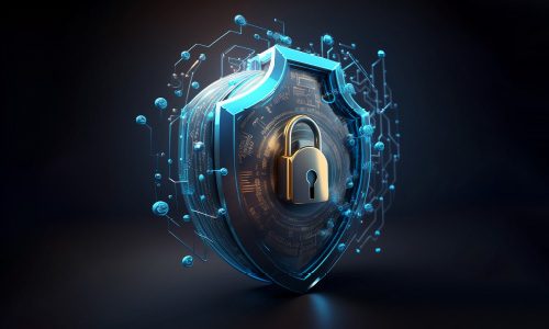 img-seguridad m365 Un candado dorado está centrado en un escudo digital, rodeado de patrones de circuitos y partículas azules flotantes, que simbolizan la ciberseguridad y la protección de datos.