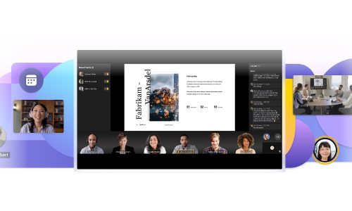 Una pantalla de videoconferencia que muestra a varios participantes, una presentación compartida titulada "Fabrikam" y varias imágenes de perfil pequeñas a los lados.